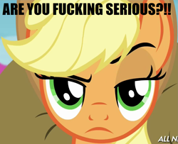 Size: 1159x941 | Tagged: safe, applejack, earth pony, pony, image macro, impact font, meme, solo, unconvinced applejack, vulgar