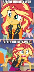 Size: 500x1053 | Tagged: safe, edit, edited screencap, screencap, sunset shimmer, better together, equestria girls, rollercoaster of friendship, adorable face, angry, avengers, avengers: infinity war, before and after, clothes, cute, infinity war, jacket, meme, messy hair