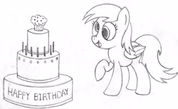 Size: 3051x1862 | Tagged: safe, artist:bladedragoon7575, derpibooru exclusive, derpy hooves, cake, candle, female, food, happy, happy birthday mlp:fim, mlp fim's seventh anniversary, muffin, sketch, solo