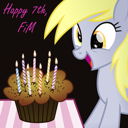 Size: 2500x2500 | Tagged: safe, artist:cheezedoodle96, derpibooru exclusive, derpy hooves, pony, birthday candles, candle, excited, female, food, happy birthday mlp:fim, mare, mlp fim's seventh anniversary, muffin, solo, vector