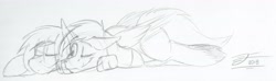 Size: 5000x1487 | Tagged: safe, artist:fleet-wing, oc, oc:fleet wing, oc:neutrino burst, hippogriff, pegasus, pony, black and white, cuddling, gay, grayscale, lying down, male, monochrome, shipping, sketch, traditional art