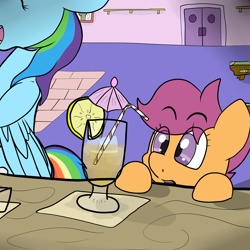 Size: 3000x3000 | Tagged: safe, artist:undercoverpone, derpibooru import, rainbow dash, scootaloo, pegasus, pony, alcohol, bar, cocktail umbrella, drink, female, filly, mare, underaged drinking