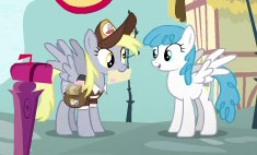 Size: 235x142 | Tagged: safe, screencap, derpy hooves, lightning bolt, white lightning, secrets and pies, hat, mailbox, mailmare, mailmare hat, picture for breezies, ponyville, saddle bag