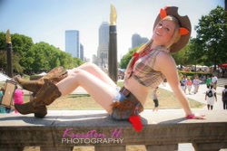 Size: 960x640 | Tagged: safe, artist:electrokittenz, applejack, human, boots, clothes, cosplay, front knot midriff, indy pride festival, irl, irl human, midriff, photo, shorts