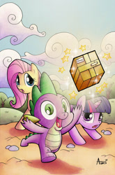 Size: 758x1149 | Tagged: safe, artist:agnesgarbowska, derpibooru import, idw, fluttershy, spike, twilight sparkle, dragon, pegasus, pony, clean, cover