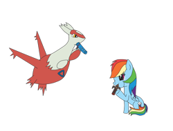 Size: 1024x777 | Tagged: safe, artist:rakuraikaze-chan, derpibooru import, rainbow dash, pegasus, pony, blowing, cute, dashabetes, eon flute, flute, icy flute, latias, musical instrument, pokémon, pokémon mystery dungeon, puffy cheeks, rainblow dash