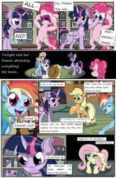 Size: 1800x2740 | Tagged: safe, artist:shinhoffman, derpibooru import, applejack, fluttershy, pinkie pie, rainbow dash, rarity, twilight sparkle, twilight sparkle (alicorn), alicorn, earth pony, pegasus, pony, unicorn, comic:curse and madness, comic, cowering, mlpcam, sugarcube corner, sugarcube corner (interior, text, text bubbles