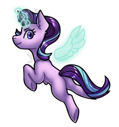 Size: 674x720 | Tagged: safe, artist:magicstarfriends, starlight glimmer, pony, unicorn, artificial wings, augmented, flying, glowing horn, magic, magic wings, missing cutie mark, simple background, smiling, solo, white background, wings