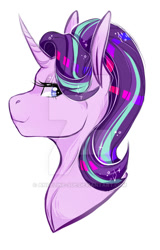 Size: 400x625 | Tagged: safe, artist:angeline-sue, starlight glimmer, pony, unicorn, bust, curved horn, deviantart watermark, horn, obtrusive watermark, portrait, solo, watermark