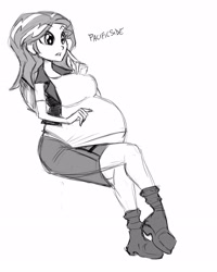 Size: 1280x1600 | Tagged: safe, artist:riddleaellinea, sunset shimmer, equestria girls, belly, big belly, big breasts, breasts, crossed legs, monochrome, preggo shimmer, pregnant, pregnant equestria girls, simple background, sitting, sunset jiggler, sunset preggers, tight clothing, white background, wide eyes