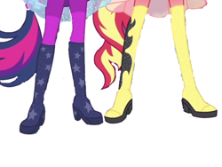 Size: 2048x1536 | Tagged: safe, artist:php77, edit, edited screencap, screencap, sci-twi, sunset shimmer, twilight sparkle, better together, equestria girls, forgotten friendship, background removed, boots, high heel boots, legs, pictures of legs, ponied up, ponytail, shoes, simple background, stars, white background