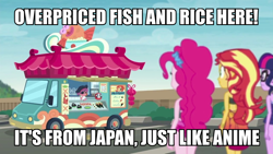 Size: 960x540 | Tagged: safe, edit, edited screencap, screencap, pinkie pie, sunset shimmer, twilight sparkle, equestria girls, clothes, food, image macro, meme, sushi, swimsuit