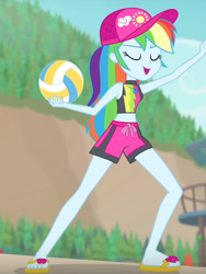 Size: 440x586 | Tagged: safe, derpibooru import, screencap, rainbow dash, better together, equestria girls, forgotten friendship, clothes, cropped, eyes closed, feet, flip-flops, geode of super speed, magical geodes, sandals, solo, sports, swimsuit, volleyball