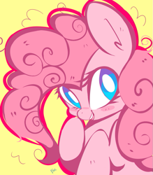 Size: 695x793 | Tagged: dead source, safe, artist:aquadiamonds, pinkie pie, earth pony, pony, blushing, cute, diapinkes, open mouth, simple background, smiling, solo, white pupils, yellow background