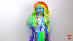 Size: 1280x720 | Tagged: safe, derpibooru import, rainbow dash, human, child, clothes, cosplay, costume, irl, irl human, living nightmare, makeup, nightmare fuel, photo, this is why we can't have nice things, uncanny valley, wat