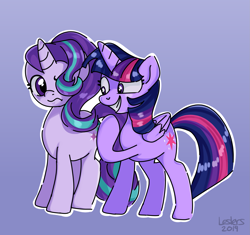 Size: 1899x1787 | Tagged: safe, artist:leslers, starlight glimmer, twilight sparkle, twilight sparkle (alicorn), alicorn, pony, unicorn, cute, duo, female, glimmerbetes, hair flip, hair over one eye, mare, purple background, simple background, smiling, twiabetes