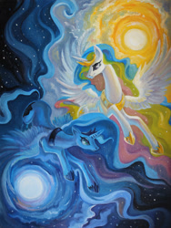 Size: 1234x1640 | Tagged: safe, artist:erinliona, princess celestia, princess luna, alicorn, pony, canvas, duality, flying, long mane, moon, night, oil painting, painting, photo, royal sisters, spread wings, stars, sun, traditional art