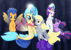 Size: 1600x1131 | Tagged: safe, artist:jucamovi1992, derpy hooves, flash sentry, princess skystar, queen novo, twilight sparkle, sea pony, seapony (g4), my little pony: the movie, angry, female, fin wings, fins, grin, male, nervous, nervous grin, queen novo is not amused, seaponified, seapony derpy, seapony flash sentry, seapony twilight, seaquestria, smiling, species swap, underwater