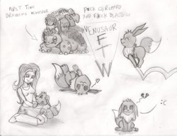 Size: 1019x784 | Tagged: safe, artist:cjvselinmortal, fluttershy, equestria girls, crossover, eevee, happy, pokémon, sad, traditional art, venusaur