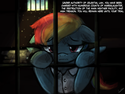 Size: 960x720 | Tagged: safe, artist:lumineko, derpibooru import, rainbow dash, pegasus, pony, tanks for the memories, bad end, clothes, crepuscular rays, crying, dirty, female, floppy ears, implied death, jail, mare, prison, prison outfit, prison stripes, prisoner rd, reality ensues, sad, solo, wavy mouth, weather factory uniform