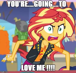 Size: 520x500 | Tagged: safe, edit, edited screencap, screencap, golden hazel, sandalwood, sunset shimmer, better together, equestria girls, rollercoaster of friendship, angry, bronybait, cropped, crossing the memes, it's not about the parakeet, meme, you're going to love me