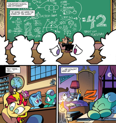 Size: 1060x1125 | Tagged: safe, artist:andypriceart, idw, glitter drops, observer (character), spring rain, sunset shimmer, pony, unicorn, spoiler:comic, spoiler:comic68, 42, bed, book, chalkboard, colt, comic, cropped, eyes closed, female, filly, hitchhiker's guide to the galaxy, magic mirror, male, night, official comic, pennant, professor snape, school, silhouette, sleeping, snoring, zzz