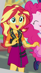 Size: 314x552 | Tagged: safe, screencap, pinkie pie, sunset shimmer, better together, equestria girls, rollercoaster of friendship, clothes, cropped, female, geode of empathy, jacket, offscreen character, skirt, smiling