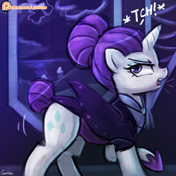 Size: 750x750 | Tagged: safe, artist:lumineko, rarity, pony, unicorn, the cutie re-mark, dialogue, female, mare, night maid rarity, one hoof raised, open mouth, patreon, patreon logo, raised hoof, solo, tch