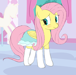 Size: 1200x1170 | Tagged: safe, artist:lphooves, fluttershy, pegasus, pony, blushing, clothes, dress, embarrassed, socks, solo