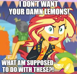 Size: 520x500 | Tagged: safe, edit, edited screencap, screencap, sunset shimmer, better together, equestria girls, rollercoaster of friendship, angry, cave johnson, cropped, food, it's not about the parakeet, j.k. simmons, lemon, meme, portal (valve), portal 2, valve, vulgar