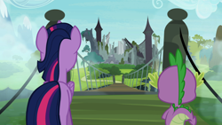 Size: 1920x1080 | Tagged: safe, derpibooru import, screencap, spike, twilight sparkle, twilight sparkle (alicorn), alicorn, dragon, pony, castle mane-ia, season 4, bridge, castle, female, mare, ruins