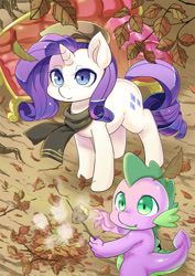 Size: 1000x1411 | Tagged: safe, artist:shepherd0821, rarity, spike, dragon, pony, unicorn, autumn, beret, clothes, cute, fainting couch, female, food, hat, male, mare, potato, scarf, seasons