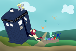 Size: 3000x2000 | Tagged: safe, artist:jadedpuzzle, derpy hooves, lyra heartstrings, roseluck, pony, angry mob, crossover, doctor who, fanart mashup challenge, mob, tardis