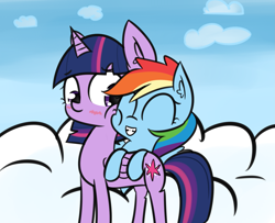 Size: 1707x1389 | Tagged: safe, artist:artiks, derpibooru import, rainbow dash, twilight sparkle, twilight sparkle (alicorn), alicorn, pegasus, pony, blushing, cloud, female, hug, lesbian, shipping, twidash