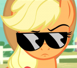 Size: 600x536 | Tagged: safe, edit, screencap, applejack, earth pony, pony, three's a crowd, animated, glasses, solo, sunglasses, the people's eyebrow, the rock, unconvinced applejack