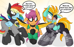 Size: 2720x1737 | Tagged: safe, artist:blackbewhite2k7, derpibooru import, lightning dust, rainbow dash, scootaloo, pegasus, pony, the washouts (episode), ask, batman, batmare, crossover, deathstroke, fight, muffled words, robin, slade, tug of war, tumblr, vulgar