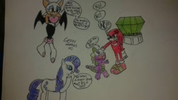 Size: 900x506 | Tagged: safe, artist:geekygraphics42, rarity, spike, dragon, pony, unicorn, crossover, knuckles the echidna, master emerald, rouge the bat, sonic the hedgehog (series), traditional art