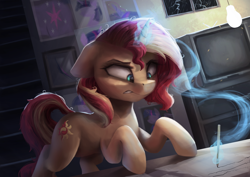 Size: 3600x2550 | Tagged: safe, artist:vanillaghosties, sunset shimmer, pony, unicorn, atg 2018, female, glowing horn, magic, mare, newbie artist training grounds, solo, writing