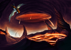 Size: 1600x1131 | Tagged: safe, artist:xormak, derpy hooves, pegasus, pony, fire, scenery, solo, volcano