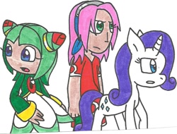 Size: 864x658 | Tagged: safe, artist:cmara, rarity, pony, unicorn, cosmo the seedrian, crossover, haruno sakura, naruto, sonic the hedgehog (series), sonic x, traditional art