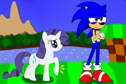 Size: 1200x800 | Tagged: safe, artist:phantomshadow051, rarity, pony, unicorn, crossover, female, green hill zone, interspecies, male, rarisonic, shipping, sonic the hedgehog, sonic the hedgehog (series), straight