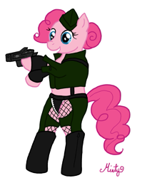 Size: 931x1130 | Tagged: safe, artist:dippywerewolf, pinkie pie, pony, amber (sucker punch), bipedal, crossover, gun, solo, sucker punch, weapon