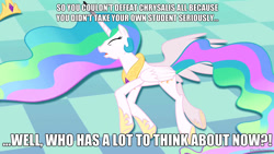 Size: 1280x720 | Tagged: safe, screencap, princess celestia, alicorn, pony, a canterlot wedding, celestia hate, image macro, meme, op is a cuck, op is trying to start shit, worfed