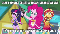 Size: 960x539 | Tagged: safe, edit, edited screencap, screencap, pinkie pie, sunset shimmer, twilight sparkle, better together, equestria girls, x marks the spot, clothes, female, gun, handgun, image macro, manurhin, meme, pistol, revolver, swimsuit, trigger discipline, weapon