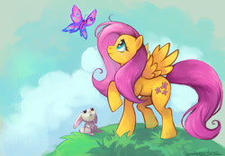 Size: 950x662 | Tagged: safe, artist:remainaery, angel bunny, fluttershy, butterfly, pegasus, pony, grass