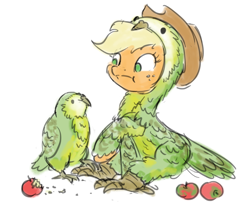 Size: 1000x847 | Tagged: safe, artist:king-kakapo, applejack, bird, earth pony, parrot, pony, :t, animal, apple, bird costume, clothes, costume, duo, female, fluffy, frown, kakapo, mare, raised hoof, simple background, sitting, sketch, solo, white background