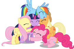 Size: 1786x1189 | Tagged: safe, derpibooru import, applejack, fluttershy, pinkie pie, rainbow dash, twilight sparkle, twilight sparkle (alicorn), alicorn, earth pony, pegasus, pony, female, hug, mare