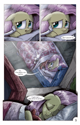 Size: 1393x2167 | Tagged: safe, artist:saturdaymorningproj, angel bunny, fluttershy, pegasus, pony, angelic flutterboom, bed, comic, crying