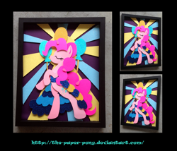 Size: 1325x1132 | Tagged: safe, artist:the-paper-pony, pinkie pie, earth pony, pony, clothes, craft, dress, eyes closed, rearing, shadowbox, solo