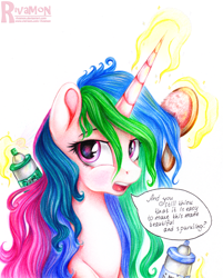 Size: 1550x1925 | Tagged: safe, artist:vird-gi, princess celestia, alicorn, pony, brush, colored pencil drawing, dialogue, hairspray, levitation, looking at you, magic, messy mane, open mouth, solo, speech bubble, telekinesis, traditional art